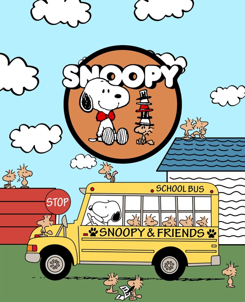 Snoopy driving a school bus
